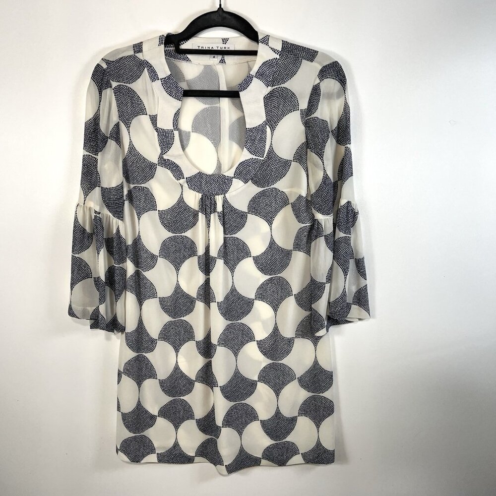 Trina Turk Bonita‎ Bell Sleeve Silk Mini Dress Women’s Size 4 Boho 70’s Hippie